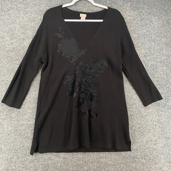 Chico's Sweaters - Chicos Sweater Womens M Tunic Black Velvet Burnout V-Neck Casual Whimsigoth Boho